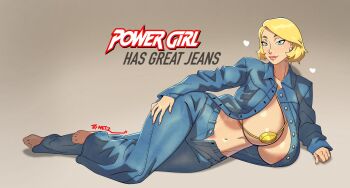 1girl alternate_costume barefoot bikini blonde_hair blue_eyes blue_jacket blue_pants breasts character_name dc_comics denim denim_jacket english_text gold_bikini heart highres huge_breasts jacket jeans jtt_artz looking_at_viewer lying micro_bikini navel on_side open_clothes open_jacket pants power_girl short_hair solo swimsuit