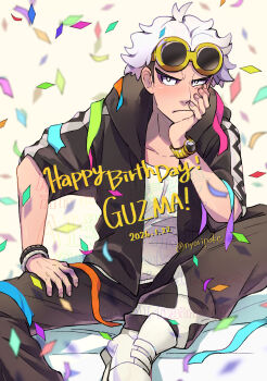 Rule 34 | 1boy, character name, closed mouth, commentary, confetti, dated, eyewear on head, guzma (pokemon), hand on own thigh, hand up, happy birthday, head rest, highres, hood, hood down, hooded jacket, jacket, male focus, nintendo, nyoripoke, pants, pokemon, pokemon sm, shirt, shoes, short hair, short sleeves, sitting, solo, sunglasses, twitter username, watch, white hair, white shirt, white shoes, wristwatch, yellow-framed eyewear