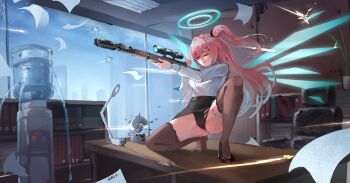 1girl ;) absurdres alternate_costume ambriel_(arknights) black_panties black_shoes black_skirt black_thighhighs blue_halo blue_wings breasts closed_mouth commentary commission detached_wings energy_wings english_commentary gun halo highres holding holding_gun holding_weapon indoors large_breasts long_hair long_sleeves miniskirt ofallx office office_lady on_one_knee one_eye_closed one_side_up original panties pink_hair purple_eyes rifle shirt shoes skirt smile sniper_rifle solo suppressor thighhighs underwear water_cooler weapon white_shirt window wings