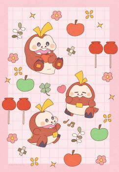 Rule 34 | apple, black eyes, bright pupils, candy apple, claws, commentary request, flower, food, fruit, fuecoco, green apple, highres, nintendo, no humans, open mouth, pink background, pink flower, pokemon, pokemon (creature), sparkle, waltz (wal w wal), white pupils