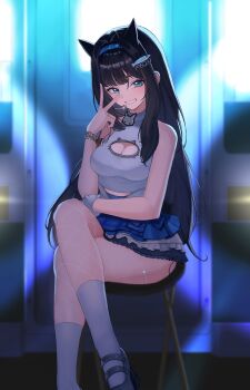 absurdres aqua_eyes aqua_nails ass black_hair blue_headband blue_skirt bracelet breasts cat_ear-shaped_hair cat_ornament cleavage cleavage_cutout clothing_cutout commentary_request fish_hair_ornament fishnets goddess_of_victory:_nikke hair_intakes hair_ornament headband headset highres idol jewelry jiyamig korean_commentary long_hair looking_at_viewer mint_(nikke) multiple_bracelets ring sitting skirt sleeveless smile v
