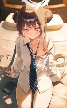 1girl absurdres bed blue_archive blush breasts collarbone commentary_request domi_(hongsung0819) halo highres kisaki_(blue_archive) light_blush long_hair looking_at_viewer necktie pillow sitting small_breasts solo very_long_hair