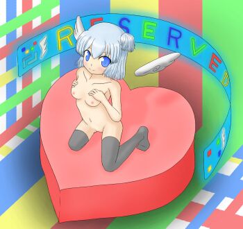 1girl black_thighhighs blue_eyes blue_hair breast_hold breasts detached_wings female_focus floating_screen heart highres matching_hair/eyes ninniku_(pillows-eufonius) nipples nude original short_hair solo thighhighs wings