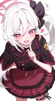 1girl black_flower blue_archive cowboy_shot finger_to_mouth flower grey_hair grey_halo hair_flower hair_ornament hair_scrunchie halo heart highres index_finger_raised long_hair looking_at_viewer mutsuki_(blue_archive) pineap000 pointy_ears purple_eyes red_skirt scrunchie side_ponytail skirt white_background