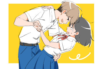 1boy 1girl :d ahoge belt black_belt black_eyes black_hair blue_pants blue_skirt breast_pocket breasts brown_eyes brown_hair collared_shirt commentary_request cowboy_shot dress_shirt eye_contact face-to-face futsuu_no_keion-bu hand_on_another&#039;s_back hatono_chihiro holding_hands leaning_back leaning_forward looking_at_another medium_hair neck_ribbon open_mouth pants pleated_skirt pocket red_ribbon ribbon shirt shirt_tucked_in short_hair short_sleeves skirt small_breasts small_sweatdrop smile snsikwii summer_uniform takami_kouki tango v-shaped_eyebrows very_short_hair white_shirt wing_collar yellow_background