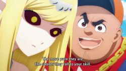 Rule 34 | 2boys, 2girls, animal ears, animated, anime screenshot, annette (isekai shikkaku), armor, bare shoulders, black dress, black gloves, black sclera, blonde hair, blue eyes, blue pants, breastplate, breasts, cage, cat ears, cat girl, cleavage, colored sclera, dress, elf, gloves, hair ornament, hand on another's cheek, hand on another's face, hand on another's head, highres, holding, holding staff, hypnosis, isekai shikkaku, large breasts, long hair, matilda (isekai shikkaku), mind control, multiple boys, multiple girls, off shoulder, outdoors, pants, pauldrons, petting, pointy ears, shoulder armor, sidelocks, smile, sound, staff, subtitled, suzuki (isekai shikkaku), tagme, tama (isekai shikkaku), video, white dress, wide hips, yellow eyes