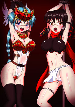 2girls aqua_hair armor arms_up artist_request bare_legs bikini_armor black_hair blue_eyes blush boots breastplate breasts cameltoe chainsaw_sword curvy embarrassed female_focus fundoshi gloves helmet high_ponytail highleg highleg_leotard highres izumi_(queen&#039;s_blade) japanese_armor japanese_clothes large_breasts leotard long_hair looking_at_viewer low_ponytail mirim multiple_girls navel open_mouth ponytail pussy_juice queen&#039;s_blade queen&#039;s_blade_rebellion red_scarf restrained revealing_clothes saliva scarf shiny_skin simple_background sweatdrop tears thighhighs thong_leotard weapon white_leotard wide_hips winged_helmet