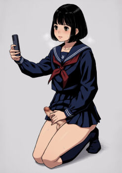 1boy black_hair black_socks blue_serafuku blush bob_cut breath brown_eyes cellphone censored closed_mouth crossdressing crossdressing_(mtf) erection holding holding_phone iphone kneeling legs_together long_sleeves looking_at_phone makeup male_focus male_masturbation masturbation mosaic_censoring neckerchief no_panties original penis phone red_neckerchief school_uniform serafuku short_hair sidelocks simple_background smartphone socks solo straight_hair sweat swept_bangs trap wataya