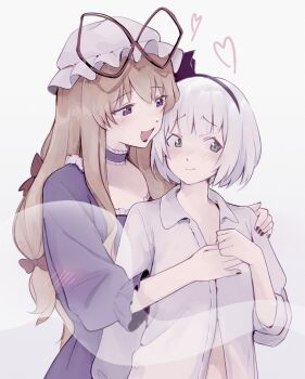 2girls 3: :d arm_at_side averting_eyes black_hairband black_nails blonde_hair blunt_bangs blush bob_cut bow choker clenched_hand closed_mouth commentary dress_shirt embarrassed frilled_choker frilled_sleeves frills furrowed_brow green_eyes hair_bow hairband hand_on_another&#039;s_chest hand_on_another&#039;s_shoulder hand_up hat hat_ribbon heart konpaku_youmu konpaku_youmu_(ghost) long_hair looking_at_another looking_to_the_side mob_cap multiple_girls muted_color nail_polish open_mouth partially_unbuttoned puffy_sleeves purple_choker purple_eyes rave red_bow red_ribbon ribbon shirt short_hair simple_background sleeve_rolled_up three-quarter_sleeves smile split_mouth symbol-only_commentary touhou upper_body white_background white_hair white_hat white_shirt wing_collar yakumo_yukari yuri