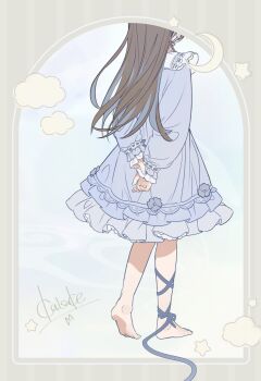 1girl arms_behind_back artist_name barefoot blue_background blue_dress blue_hair border brown_border brown_hair commentary_request cropped_head dress frilled_dress frills from_behind highres kaisake_(utp) long_hair long_sleeves medium_dress multicolored_hair original seiran_(sake_(utopia_modoki)) solo standing