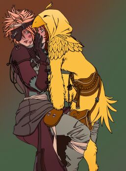 1boy 1girl aerith_gainsborough aerith_gainsborough_(chocobo_suit) armor bandaged_head bandaged_leg bandaged_torso bandages belt bird_costume black_gloves blonde_hair blue_eyes blush breasts brown_bag brown_belt brown_gloves brown_hair cable chest_strap chocobo cloud_strife cloud_strife_(bandaged_coat) couple eyepatch feather_trim feet_out_of_frame final_fantasy final_fantasy_vii final_fantasy_vii:_ever_crisis gloves gradient_background green_eyes grey_gloves grey_pants hair_between_eyes halloween_costume hand_on_another&#039;s_face hand_on_another&#039;s_thigh herzenreine hetero highres hood hood_up lipstick_mark lipstick_mark_on_face long_hair medium_breasts messy_hair object_through_head official_alternate_costume pants parted_bangs pouch screw_in_head short_hair shoulder_armor sidelocks spiked_hair stitched_arm stitches thigh_pouch two-sided_gloves