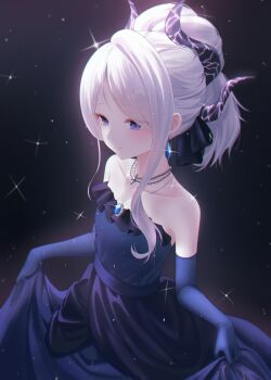 1girl absurdres bare_shoulders black_horns blue_archive blue_gem closed_mouth collarbone commentary_request dong_hawn dress earrings elbow_gloves gem gloves highres hina_(blue_archive) hina_(dress)_(blue_archive) holding_own_dress horns jewelry light_smile multiple_horns official_alternate_costume pendant purple_dress purple_eyes purple_gloves solo strapless strapless_dress white_hair