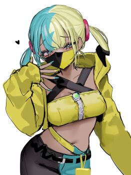 1girl aqua_hair aqua_nails bebe_(bebe_pp) blonde_hair blue_eyes breasts canari_(pokemon) cleavage cowboy_shot crop_top cropped_jacket hand_up heart highres jacket looking_at_viewer mask midriff mouth_mask multicolored_hair navel nintendo pants pokemon pokemon_legends:_z-a simple_background solo split-color_hair twintails white_background yellow_jacket yellow_nails