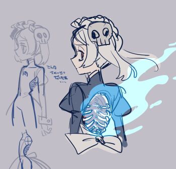 1girl bloody_marie_(skullgirls) brooch exposed_bone fal0811 fire from_behind grey_hair hair_ornament highres jewelry juliet_sleeves long_sleeves maid_headdress model_sheet puffy_sleeves red_eyes sketch skull_hair_ornament skullgirls solo twintails