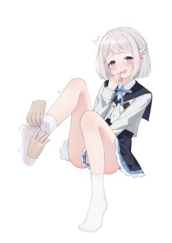 1boy 1girl absurdres bare_legs blue_bow blue_bowtie blue_eyes blue_skirt blush bow bowtie collared_shirt disembodied_hand eyelashes feet gakuen_idolmaster grey_hair han_(hehuihuihui) hand_up highres idolmaster katsuragi_lilja legs long_sleeves looking_at_viewer medium_hair miniskirt no_shoes open_mouth school_uniform shirt simple_background skirt socks soles toes white_background white_socks