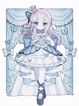 1girl :o back_bow black_shoes blush border bow bowtie commentary commission crown curtains dress frilled_dress frills full_body green_bow green_bowtie green_eyes grey_hair hand_up highres long_hair long_sleeves looking_at_viewer open_mouth original outside_border pantyhose shoes solo sparkle standing symbol-only_commentary upache watermark white_border white_dress white_pantyhose