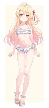 1girl absurdres bikini blonde_hair blush border closed_mouth collarbone commentary_request flat_chest frilled_bikini frills full_body hair_ribbon highres hololive hololive_dev_is long_hair looking_at_viewer navel one_side_up otonose_kanade outline outside_border red_eyes red_ribbon ribbon sandals simple_background smile solo standing stomach swimsuit toketa-sekai virtual_youtuber white_bikini white_border white_outline white_sandals yellow_background