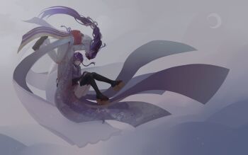 2girls black_thighhighs blunt_bangs braid crescent crying crying_with_eyes_open fan_hair_ornament floating flower from_side full_body genshin_impact gradient_background grey_background hair_ornament hair_ribbon hashtag-only_commentary highres japanese_clothes kimono knees_up light_blush long_braid long_sleeves looking_at_another makoto_(genshin_impact) mole mole_under_eye moon multiple_girls purple_eyes purple_hair purple_kimono raiden_shogun red_sash ribbon sash siblings single_braid sisters tearing_up tears thighhighs thighs twins wide_sleeves wisteria yiling206