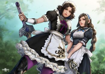 apron boots brown_eyes brown_hair cai_wenji lips lipstick long_hair maid maid_apron maid_headdress makeup mitsuya musou_orochi official_alternate_costume pantyhose ponytail puffy_short_sleeves puffy_sleeves purple_pantyhose sengoku_musou shin_sangoku_musou short_sleeves sword tachibana_ginchiyo thigh_boots weapon