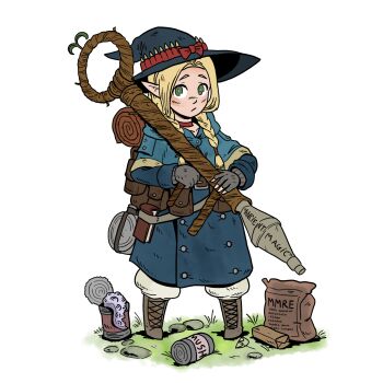 1girl ammunition backpack bag bandolier bedroll belt blonde_hair boots can choker dungeon_meshi elf field_ration fingerless_gloves gloves green_eyes hat highres holding holding_staff kabewski long_hair looking_at_viewer marcille_donato notebook pointy_ears pouch robe rocket_launcher rpg_(weapon) solo staff tentacles weapon white_background witch_hat