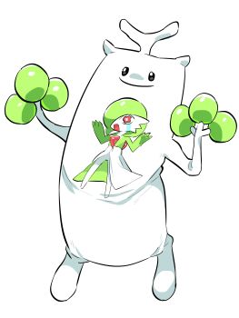 absurdres alternate_color alternate_shiny_pokemon black_eyes character_print closed_mouth ddingyong full_body gardevoir gen_2_pokemon gen_3_pokemon hands_up happy highres nintendo no_humans pokemon pokemon_(creature) pokemon_infinite_fusion simple_background smile standing sudowoodo what white_background