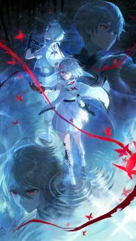 1boy 1girl ahoge bandage_over_one_eye bandaged_leg bandages black_gloves boots bug butterfly commentary_request dress duet_night_abyss full_body gloves highres insect looking_at_viewer nagu pants phoxhunter_(duet_night_abyss) red_eyes ripples second-party_source short_hair standing the_boy_in_the_dream_(duet_night_abyss) the_girl_in_the_dream_(duet_night_abyss) water white_boots white_dress white_hair white_pants