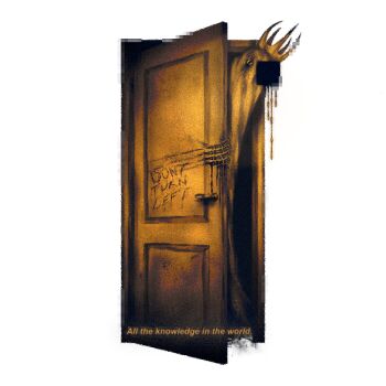 1other berrylavend3r caption censored censored_identity claw_mark crown dripping eldritch_abomination english_text horror_(theme) looking_at_viewer opening_door searching_for_a_world_that_doesn&#039;t_exist skeletal_hand slit_pupils solo the_king_in_yellow_(searching_for_a_world_that_doesn&#039;t_exist) wide-eyed yellow_theme