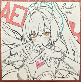 1girl absurdres aemeath_(wuthering_waves) ahoge blush breasts character_name chinese_commentary cleavage closed_mouth commentary_request four-finger_heart_hands hair_intakes hair_ornament heart heart_hands highres long_hair looking_at_viewer medium_breasts orange_eyes ponytail ru_zhai signature smile solo star-shaped_pupils star_(symbol) symbol-shaped_pupils tacet_mark_(wuthering_waves) traditional_media upper_body wuthering_waves