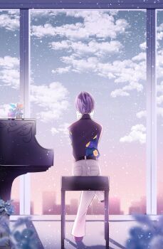1boy 7naako5 aoyagi_touya blurry cloud commentary_request crossed_legs depth_of_field floral_print floral_print_shirt from_behind full_body gradient_sky grand_piano grey_sky highres indoors instrument male_focus official_alternate_costume on_bench pants piano piano_bench print_shirt project_sekai purple_hair sheet_music shirt short_hair sitting sky solo the_first_concerto_(project_sekai) white_pants