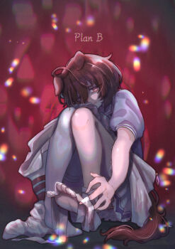 1girl absurdres agnes_tachyon_(umamusume) ahoge animal_ears bandage_on_leg brown_hair brown_tail closed_mouth coat commentary_request ears_down feet hair_between_eyes highres horse_ears horse_girl horse_tail knees_together_feet_apart knees_up lab_coat long_hair_between_eyes looking_at_viewer medium_hair pleated_skirt puffy_short_sleeves puffy_sleeves purple_shirt red_background red_eyes sailor_collar sailor_shirt school_uniform shirt short_sleeves single_thighhigh skirt solo tail thighhighs toes tracen_school_uniform umamusume unworn_coat wakasoba white_coat white_sailor_collar white_skirt white_thighhighs