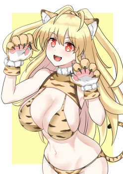 1girl :d alternate_costume animal_ears animal_hands animal_print bare_shoulders blonde_hair blush bra breasts chinese_zodiac claw_pose claws cleavage cowboy_shot fang gloves groin hands_up happy highres hip_focus kami_jigen_game_neptune_v large_breasts leaning_forward long_hair looking_at_viewer midriff navel neptune_(series) open_mouth paid_reward_available panties paw_gloves pish power_symbol power_symbol-shaped_pupils red_eyes slit_pupils smile solo symbol-shaped_pupils tail tiger_ears tiger_girl tiger_paws tiger_print tiger_stripes tiger_tail underwear underwear_only very_long_hair year_of_the_tiger yellow_heart_(neptunia) zatsu