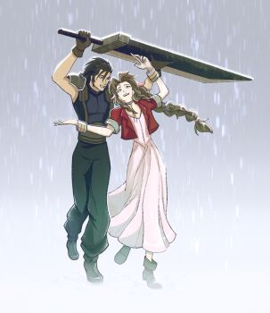 1boy 1girl aerith_gainsborough armor arms_up baggy_pants bangle black_hair blue_eyes blue_sweater boots bracelet braid braided_ponytail brown_gloves brown_hair buster_sword choker commentary crisis_core:_final_fantasy_vii dress english_commentary final_fantasy final_fantasy_vii final_fantasy_vii_remake gloves gradient_background green_eyes grin hair_ribbon highres holding holding_sword holding_weapon huge_weapon illuscait improvised_umbrella jacket jewelry long_hair looking_at_another looking_up open_clothes open_jacket open_mouth outdoors pants parted_bangs pink_dress pink_ribbon ponytail rain red_jacket ribbon short_hair shoulder_armor sleeveless sleeveless_turtleneck smile spiked_hair standing suspenders sweater sword turtleneck turtleneck_sweater weapon zack_fair