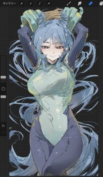 1girl :&gt; arms_up art_program_in_frame black_background black_eyes blue_bodysuit blue_hair bodysuit boku_no_hero_academia bouncing_breasts breasts bright_pupils brown_gloves closed_mouth commentary cowboy_shot curvy drill_hair gloves green_bodysuit grid_background hado_nejire hair_horns highres large_breasts le_(szs0k) long_hair looking_at_viewer multicolored_bodysuit narrowed_eyes own_hands_together procreate_(medium) procreate_(software) simple_background smile solo sparkle straight-on superhero_costume symbol-only_commentary thighs unaligned_breasts very_long_hair white_pupils