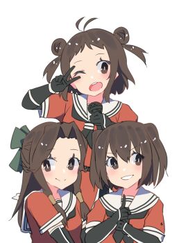 Rule 34 | 3girls, absurdres, antenna hair, black gloves, black neckerchief, brown eyes, brown hair, double bun, elbow gloves, gloves, hair bun, highres, inica, jintsuu (kancolle), kantai collection, kuji-in, long hair, microphone, multiple girls, naka (kancolle), neckerchief, open mouth, orange shirt, round teeth, sailor collar, sailor shirt, school uniform, sendai (kancolle), serafuku, shirt, short hair, teeth, upper body, upper teeth only, white sailor collar