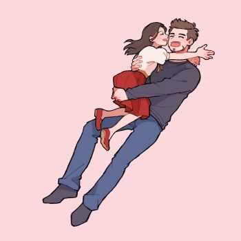1boy 1girl animification arms_up avengers:_endgame avengers_(series) blue_pants blush brown_hair carrying carrying_person child chinese_commentary closed_eyes denim facial_hair father_and_daughter fingernails full_body grey_shirt grey_socks happy highres long_sleeves marvel marvel morgan_stark no_shoes open_mouth pants pink_background puffy_short_sleeves puffy_sleeves red_footwear red_skirt shirt shoes short_hair short_sleeves simple_background skirt smile socks tony_stark white_shirt wodeyongheng