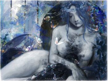 1girl abstract anaevilrock blue_hair body_horror border breasts bug butterfly closed_eyes closed_mouth collarbone commentary crying decay english_commentary flower_wreath head_wreath highres insect large_breasts lies_of_p long_hair lying nude on_side pale_skin solo sophia_monad spoilers streaming_tears tears wavy_hair white_border