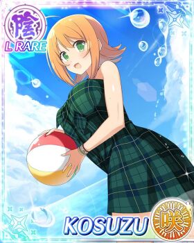 1girl :d ahoge ball beachball border breasts card_(medium) character_name english_text game_cg green_eyes kosuzu_(senran_kagura) large_breasts looking_at_viewer medium_hair ocean official_alternate_costume official_art open_mouth orange_hair plaid_clothes senran_kagura senran_kagura_new_wave smile solo sunlight swimsuit_cover-up