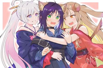 3girls animal_ears bare_shoulders black_collar blonde_hair blue_hoodie blue_nails blush border cho_kaguya-hime! collar commentary_request crescent crescent_hair_ornament forehead_jewel girl_sandwich green_eyes grey_hair hair_ornament hair_rings hair_stick hand_on_another's_shoulder highres hood hoodie hug isumi japanese_clothes jealous kaguya_(cho_kaguya-hime!) kimono long_hair long_sleeves looking_at_another lop_rabbit_ears multiple_girls nail_polish open_mouth pink_background purple_hair rabbit_ears red_kimono runami_yachiyo sakayori_iroha sandwiched short_hair smile twintails white_border yuri