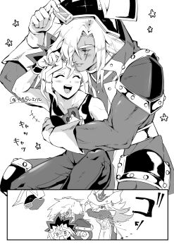 1girl 2boys absurdres anger_vein artist_name black_shirt card closed_eyes commentary_request duel_monster fake_horns gloves greyscale helmet highres holding holding_card horned_helmet horns hug hug_from_behind mi_manu1950 monochrome multiple_boys muto_yugi open_mouth shirt silent_magician silent_swordsman simple_background smile white_background white_gloves yu-gi-oh!