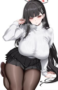 1girl :o absurdres black_hair black_halo black_skirt blue_archive breasts bright_pupils brown_pantyhose closed_mouth commentary commentary_request hair_ornament hairclip halo highres large_breasts long_hair looking_at_viewer multicolored_halo pantyhose pleated_skirt red_eyes red_halo rio_(blue_archive) simple_background skirt smile solo sweater thighs turtleneck turtleneck_sweater two-tone_halo very_long_hair white_background white_pupils white_sweater woo_(woosan)