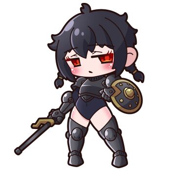 Rule 34 | 1girl, absurdres, arm shield, armor, armored boots, black hair, black leotard, boots, braid, breastplate, chibi, closed mouth, commentary request, covered navel, full body, gauntlets, highres, holding, holding weapon, leotard, looking at viewer, low twintails, original, pauldrons, red eyes, saishosaisekojo, shoulder armor, simple background, solo, standing, thigh boots, twin braids, twintails, weapon, weapon request, white background