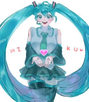 1girl blue_eyes blue_hair bow bowtie delivery_(pixiv23805551) detached_sleeves dress hatsune_miku heart highres long_hair looking_at_viewer microphone smile vocaloid