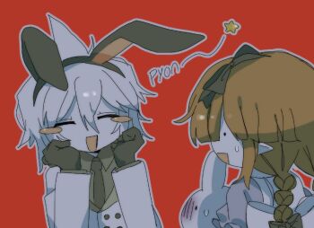 ._. 1boy 1girl =_= alice_(alice_in_wonderland) alice_(alice_in_wonderland)_(cosplay) animal apron back_bow black_gloves black_necktie blue_dress blush_stickers bow braid brown_hair clenched_hands closed_eyes colored_skin cosplay deliriumcenter dress expressionless fins formal_clothes from_behind funamusea girly_boy gloves hands_up hashtag-only_commentary head_fins highres looking_at_another mob_face necktie oounabara_to_wadanohara open_mouth outline pointy_ears rabbit red_background shark_boy short_hair simple_background smile star_(symbol) suit sweat syakesan_(funamusea) twin_braids wadanohara white_apron white_bow white_hair white_outline white_skin white_suit