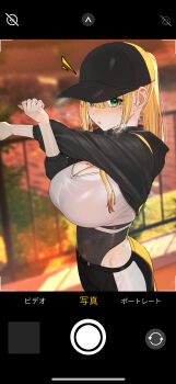 1girl absurdres baseball_cap black_hat black_leotard black_pants black_shrug blush breasts cellphone_photo cleavage commentary_request cross-body_stretch exercising fake_phone_screenshot fake_screenshot gakuen_idolmaster green_eyes hair_ornament hairclip hat high_ponytail highres hooded_shrug huge_breasts idolmaster leotard long_hair long_sleeves looking_at_viewer mole mole_under_eye multicolored_leotard nishibi_mitsuba open_mouth orange_hair pants ponytail shiun_sumika shrug_(clothing) solo standing stretching sweat taking_picture two-tone_leotard two-tone_pants user_interface viewfinder white_leotard white_pants