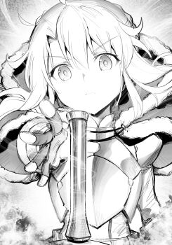 1girl 9nojo absurdres armor cape commentary_request fate/kaleid_liner_prisma_illya fate_(series) female_focus fingerless_gloves frown fur_trim gloves greyscale hair_between_eyes highres illyasviel_von_einzbern long_hair looking_at_viewer monochrome solo sword v-shaped_eyebrows weapon