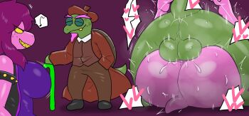 1boy 1girl age_difference ass breasts colored_skin deep_penetration deltarune enigi09 facial_hair gerson_boom green_skin heart huge_ass huge_breasts huge_testicles legs_up long_hair looking_at_viewer lying lying_on_person mating_press musical_note old old_man older_male_and_younger_female on_person purple_skin size_difference speech_bubble susie_(deltarune) testicles utdr_(toby_fox)