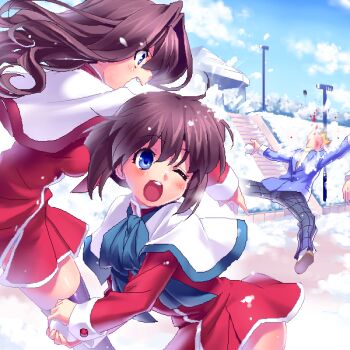 Rule 34 | 2boys, 2girls, aizawa yuuichi, blood, blue eyes, blush, brown hair, kanon, kitagawa jun, misaka kaori, misaka shiori, multiple boys, multiple girls, oekaki, one eye closed, red skirt, school uniform, short hair, siblings, sisters, skirt, snowball, snowball fight, wink, zen