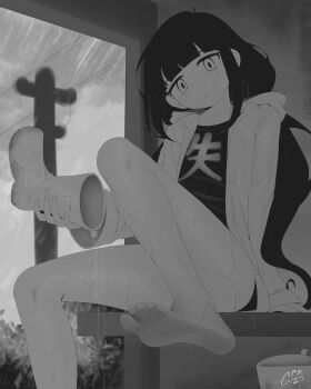 1girl 2025 :o absurdres ahoge ankle_boots arm_at_side arm_support bare_legs barefoot blunt_bangs blurry blurry_background boots bush cabronpr clothes_writing cloud cloudy_sky collarbone commentary expressionless eyebrows_hidden_by_hair feet film_grain fingernails flat_chest foot_focus foot_out_of_frame from_below greyscale hair_behind_ear head_tilt highres holding holding_boots holding_footwear holding_unworn_clothes hood hood_down hooded_jacket inabakumori indoors jacket jitome knee_up light_blush long_hair long_sleeves looking_at_viewer looking_down low_twintails monochrome no_nose on_bench open_clothes open_door open_jacket open_mouth osage_(nukunuku_nigirimeshi) petite power_lines rain shirt short_shorts shorts sidelocks signature sitting sky soles solo toes twintails unworn_boots utility_pole very_long_hair wet wet_clothes wet_hair