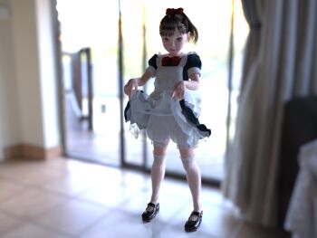 1girl 3d apron blender_(medium) bloomers blush dress lips long_hair looking_at_viewer maid mary_janes nnyann original pinafore_dress ponytail puffy_sleeves ribbon shoes skirt sleeveless_dress underwear white_apron white_legwear