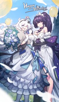 Rule 34 | 2girls, absurdres, alternate costume, animalization, balloon, bare shoulders, black gloves, blue eyes, blue sky, blunt bangs, breast press, breasts, cat, chinese commentary, cleavage, closed mouth, collarbone, commentary request, couple, detached sleeves, dress, earrings, flower, gloves, grass, hair between eyes, hair ornament, happy, happy birthday, headband, headpiece, high ponytail, highres, holding hands, honkai (series), honkai impact 3rd, huge breasts, jewelry, kiana kaslana, kiana kaslana (herrscher of flamescion), large breasts, light smile, multiple girls, one eye closed, open mouth, outdoors, person and animalization, ponytail, purple eyes, purple hair, raiden mei, raiden mei (herrscher of thunder), shade, short sleeves, sky, smile, standing, upper body, white dress, white gloves, white hair, wu-qiao, yuri